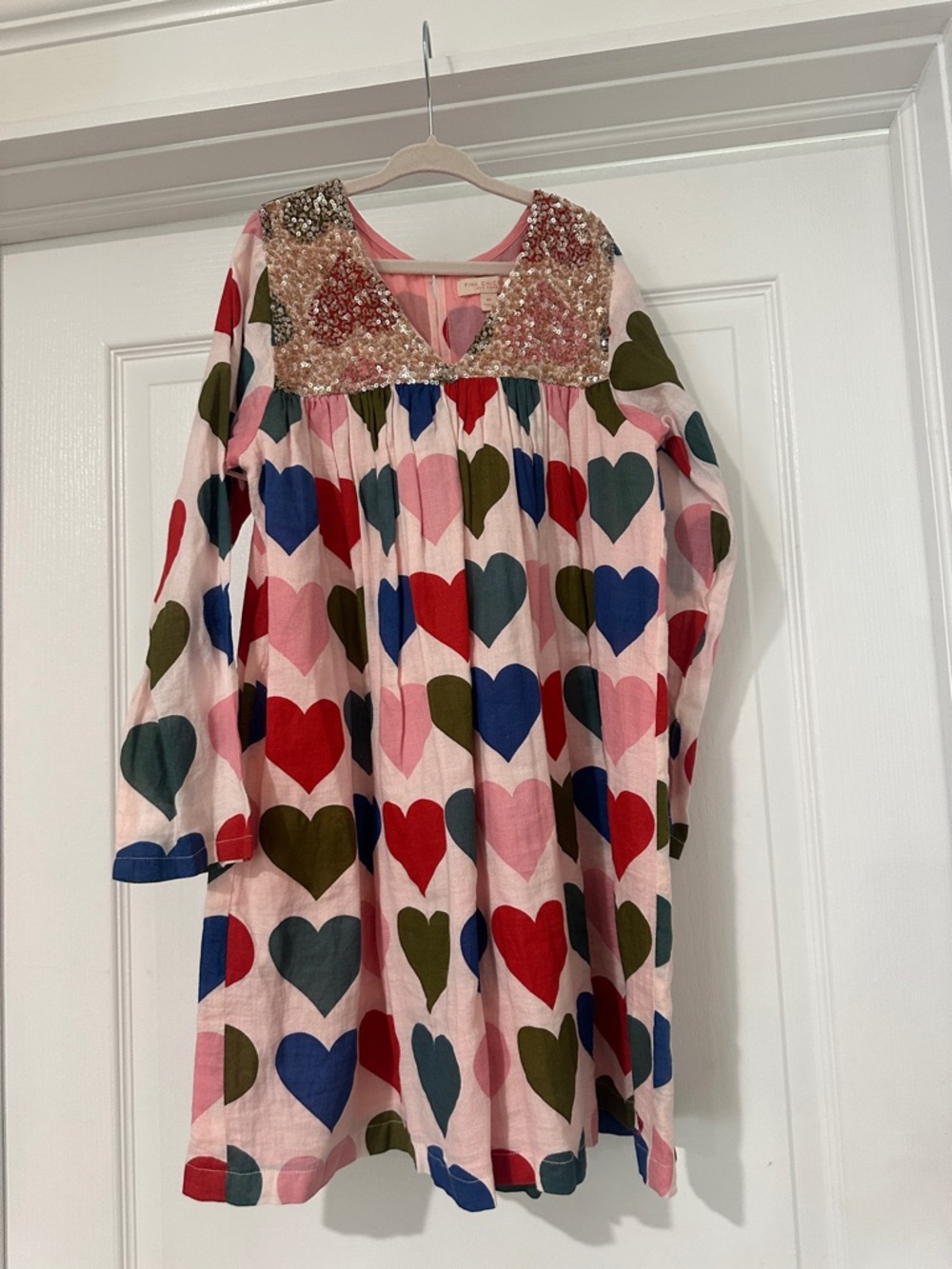 Kids Heart Print Pink Dress with Sequin Yoke